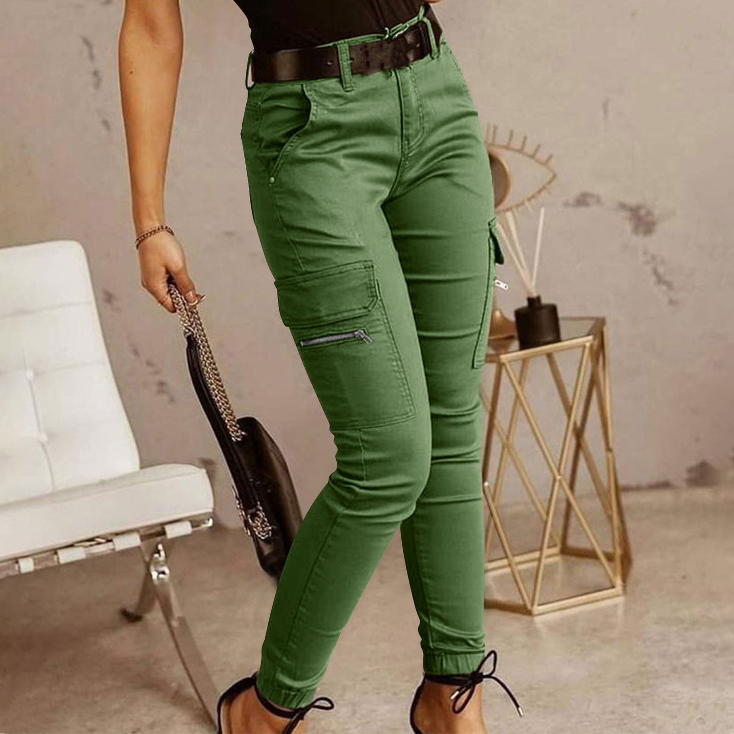 Women's Cotton Cargo Pants with Mid-Rise Waist