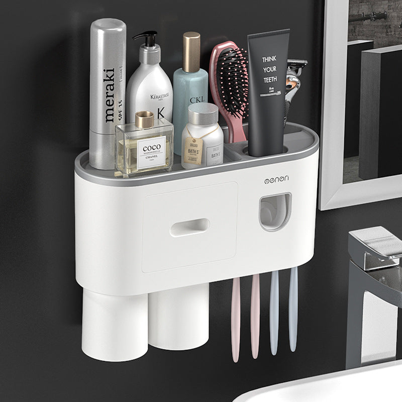 Wall-Mounted Toothbrush Cup Holder with Mouthwash Cup and Toothpaste Dispenser