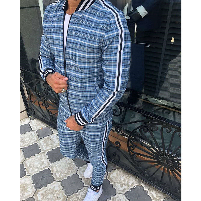 Men's Plaid Zipper Jacket and Pants Casual Sport Suit