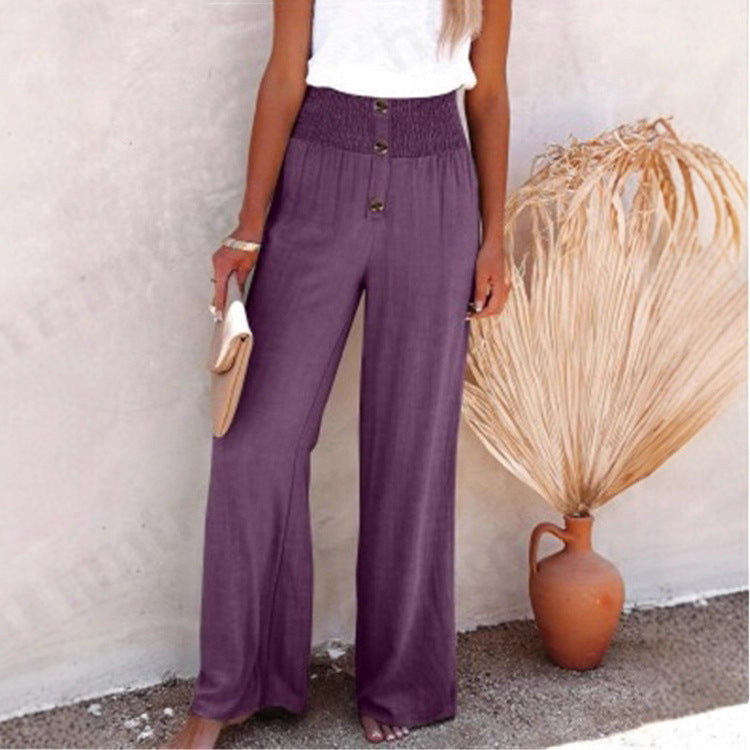 Pantalones casuales de pierna ancha de algodón y lino para mujer 