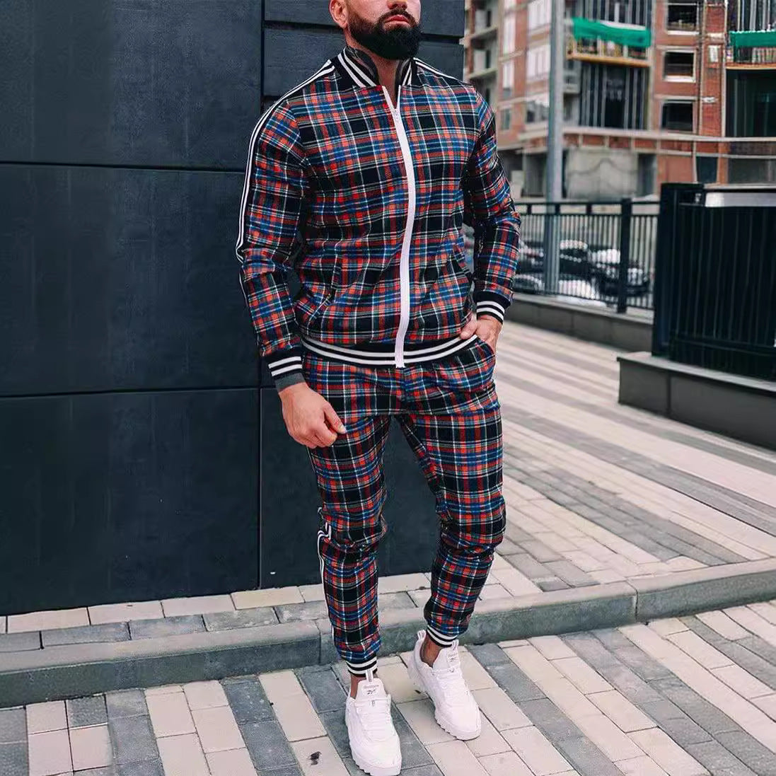 Men's Plaid Zipper Jacket and Pants Casual Sport Suit
