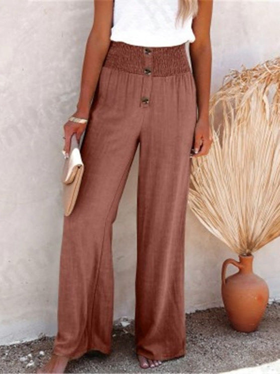 Pantalones casuales de pierna ancha de algodón y lino para mujer 