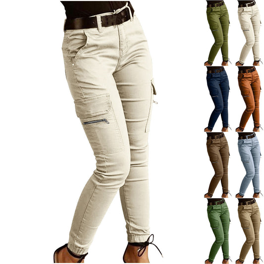Women's Cotton Cargo Pants with Mid-Rise Waist
