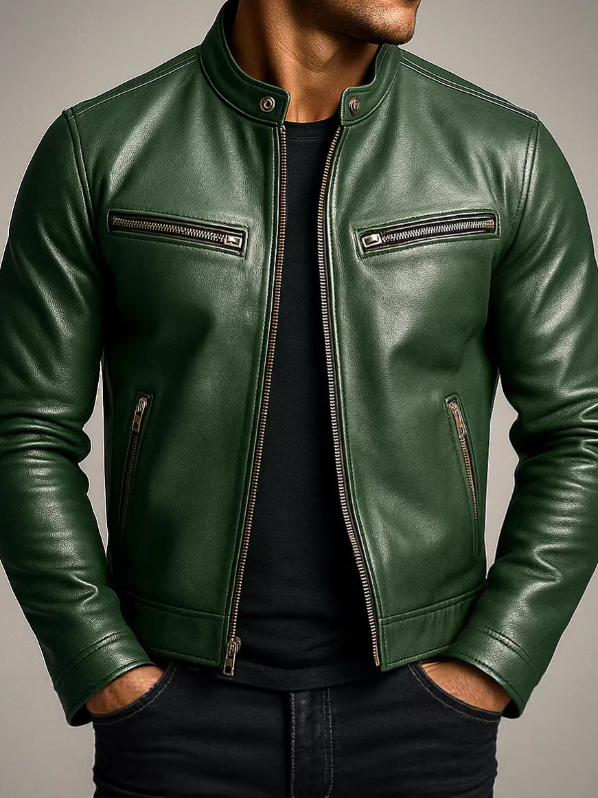 Mens PU Leather Stand Collar Jacket