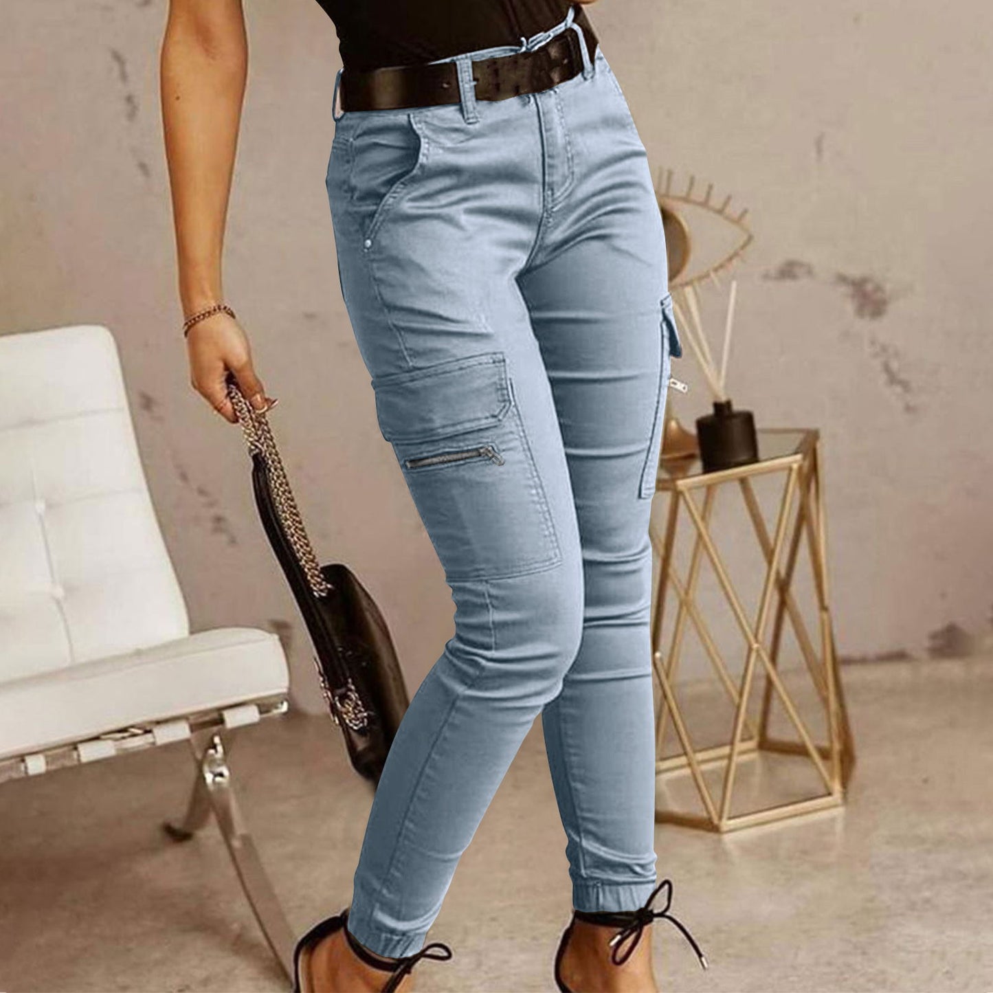 Women's Cotton Cargo Pants with Mid-Rise Waist