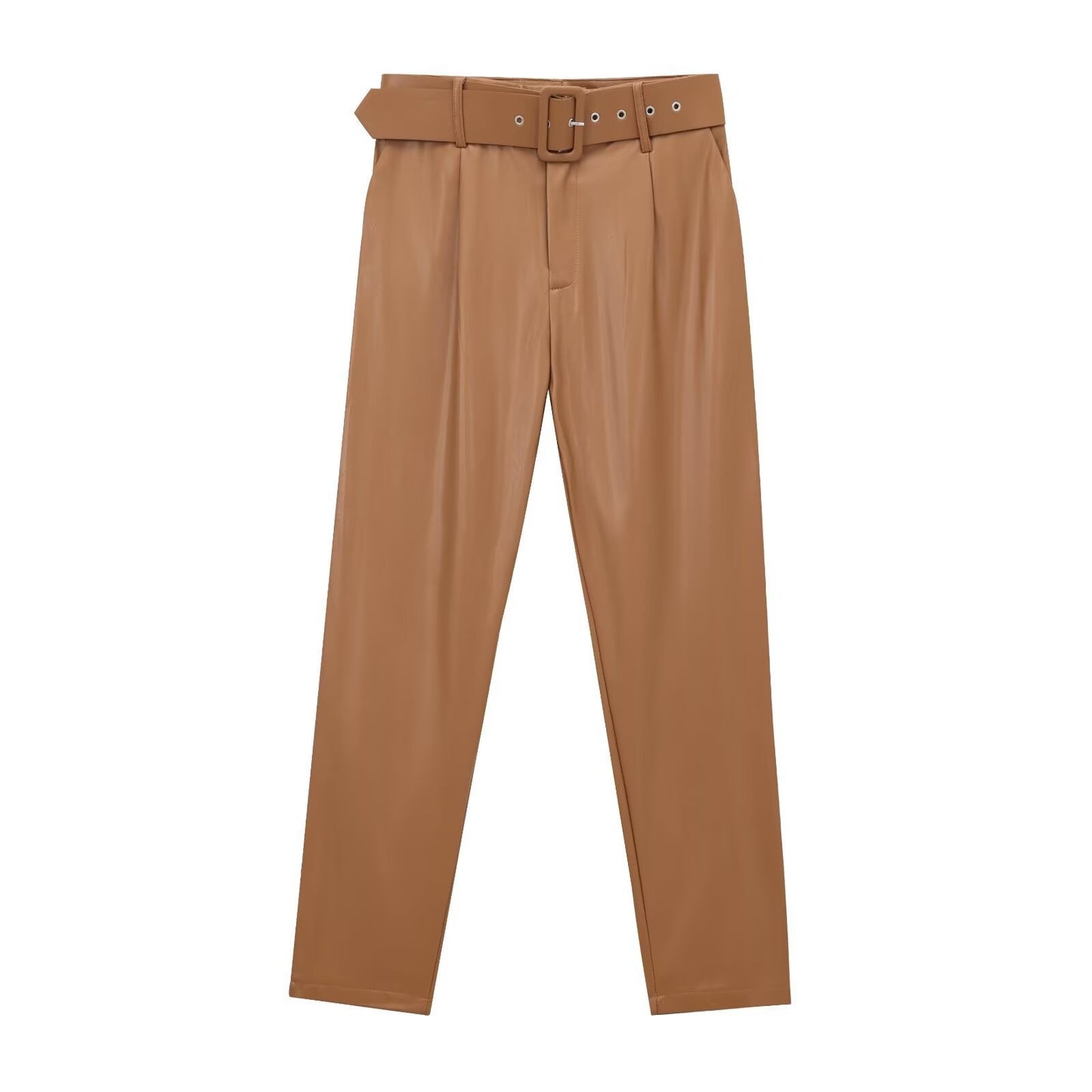 Pantalones de cuero con cinturón y cintura alta para mujer 