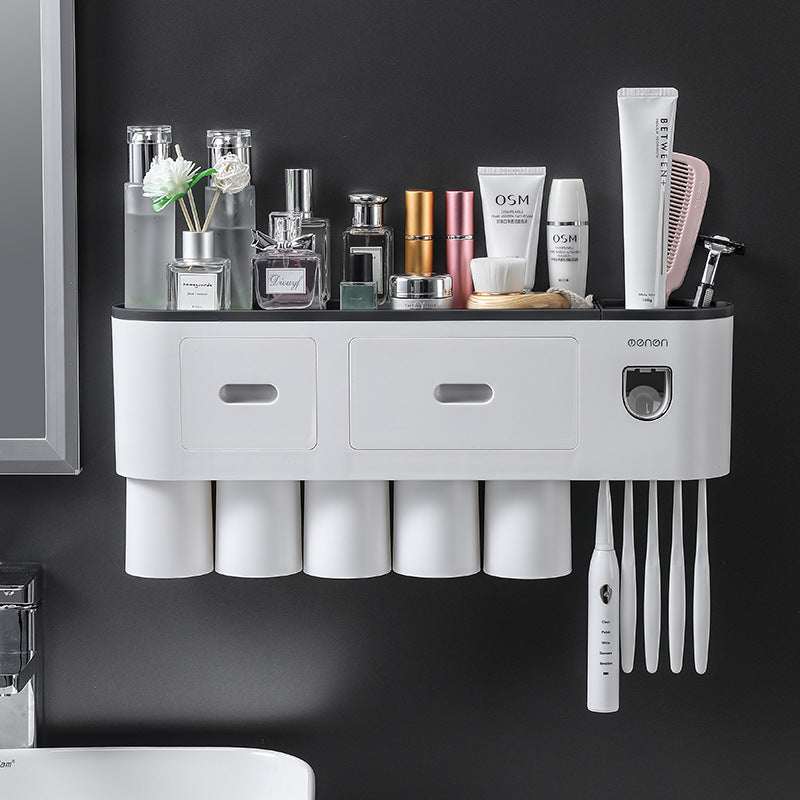 Wall-Mounted Toothbrush Cup Holder with Mouthwash Cup and Toothpaste Dispenser