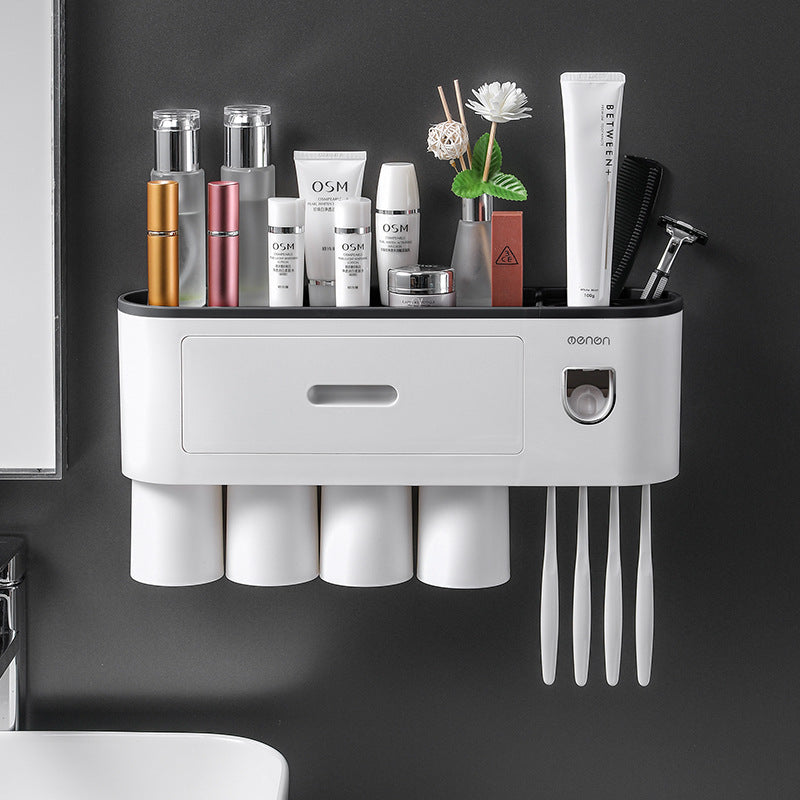 Wall-Mounted Toothbrush Cup Holder with Mouthwash Cup and Toothpaste Dispenser