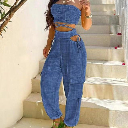 Denim blue off-the-shoulder set