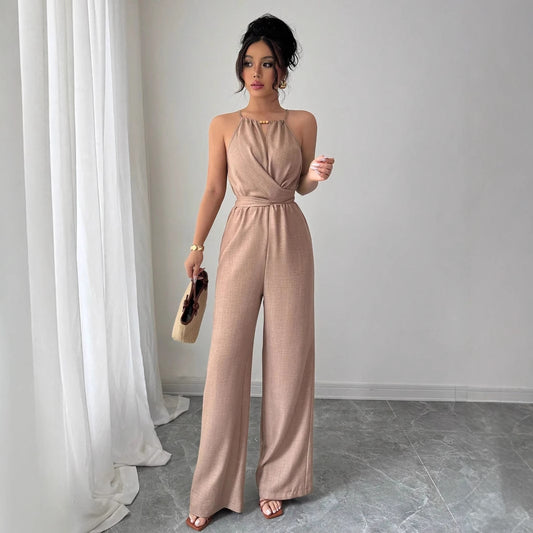 Khaki Pleated Off-Shoulder Jumpsuit