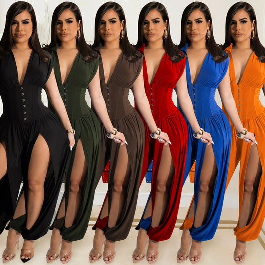 Sexy deep V sleeveless open-front pants