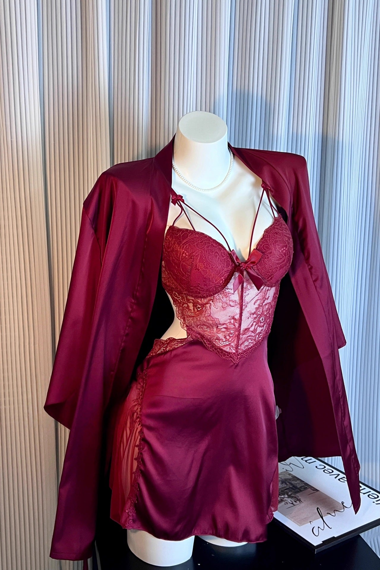 Lace Trim Ice Silk Pajama Set with Robe