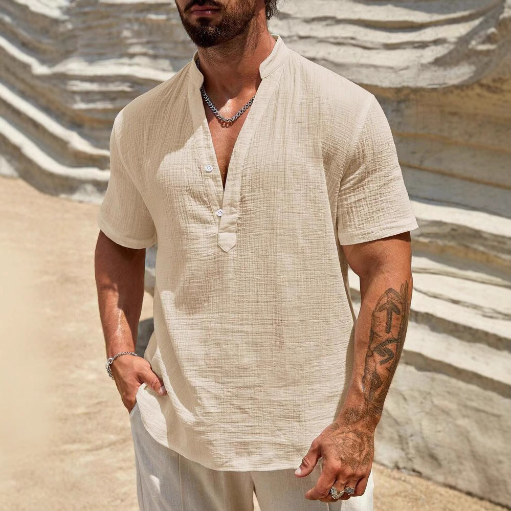 Solid color breathable stand collar short-sleeved shirt